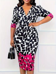  Colorblock Geometric Print Bodycon Midi Dress