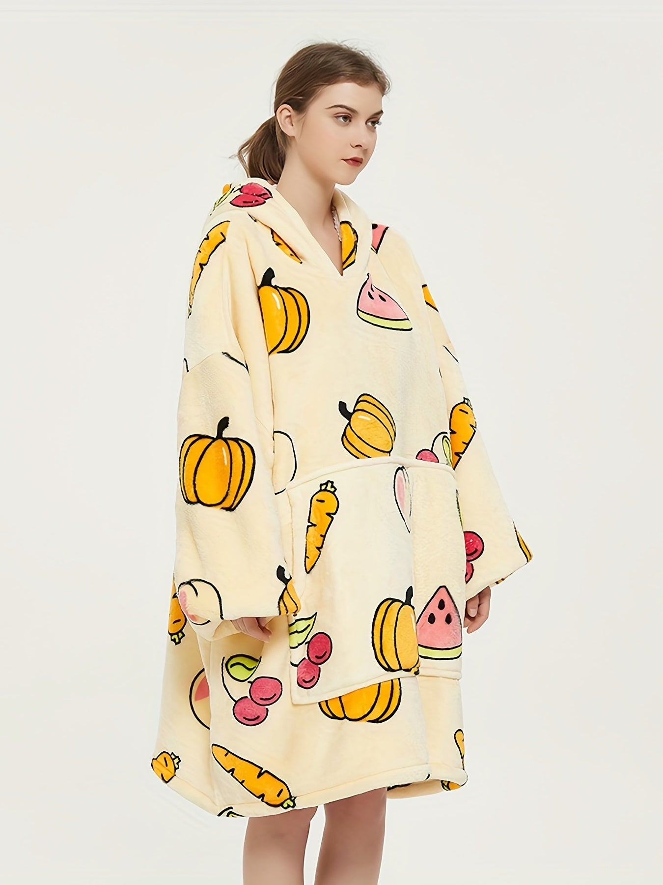  Halloween Lounge Robe Watermelon Pumpkin Print Hooded Flannel Blanket
