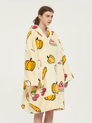  Halloween Lounge Robe Watermelon Pumpkin Print Hooded Flannel Blanket