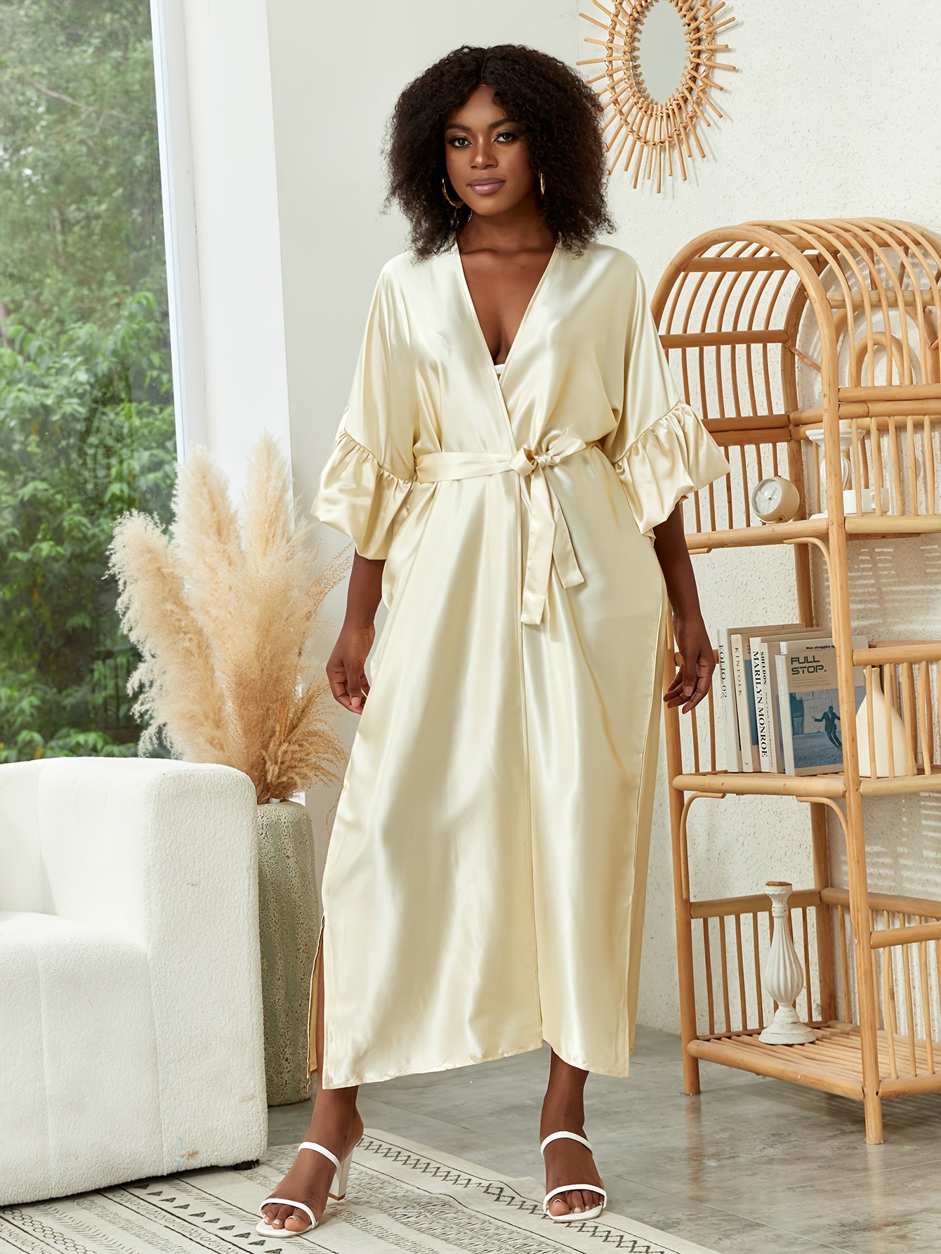  Satin Ruffle Trim Kimono Cover Up