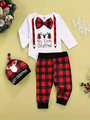 3pcs Baby Boys Christmas Clothes Long Sleeved Tops & Pants & Hats Set