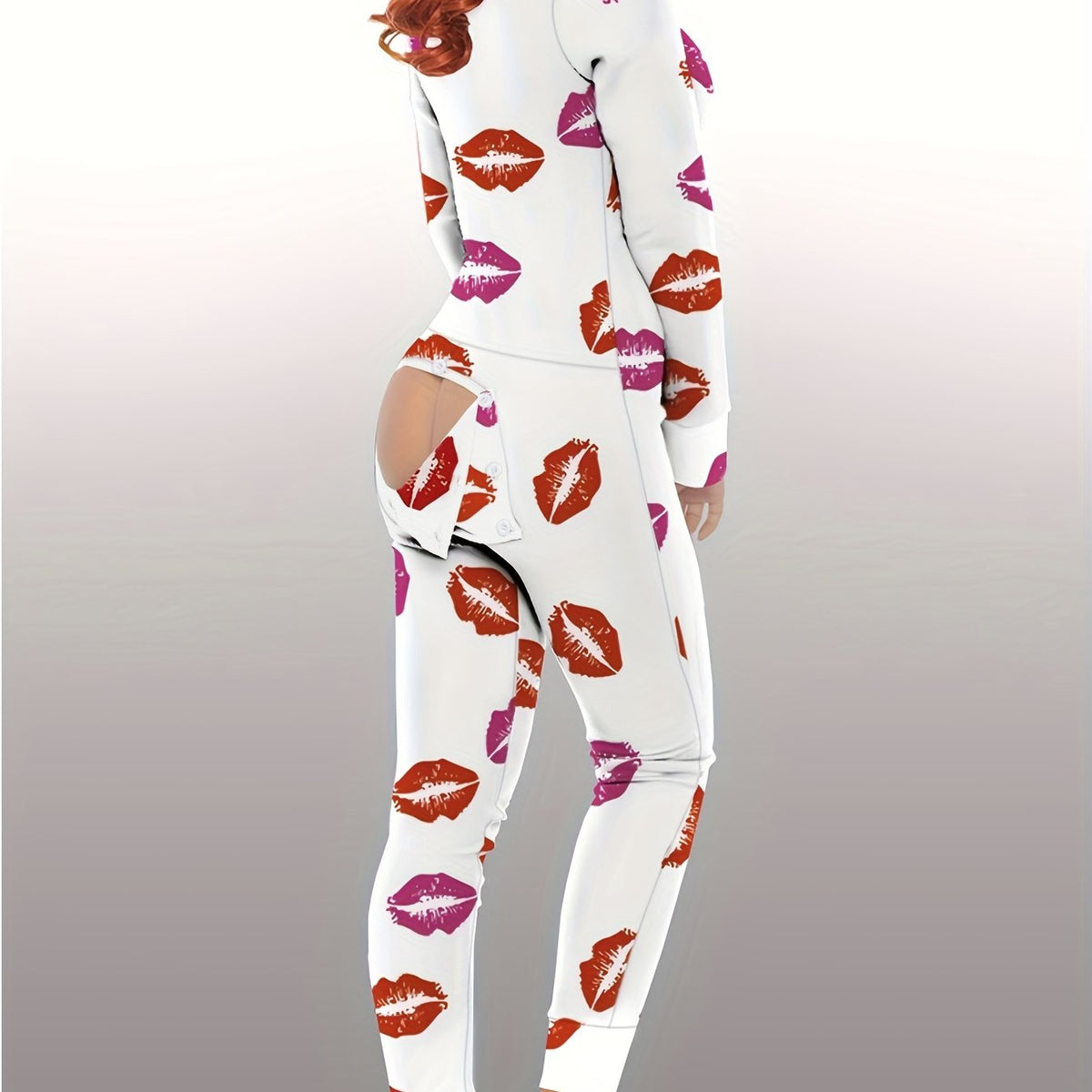 Print Buttons Jumpsuit Deep V Pajamas Women's Sleepwear