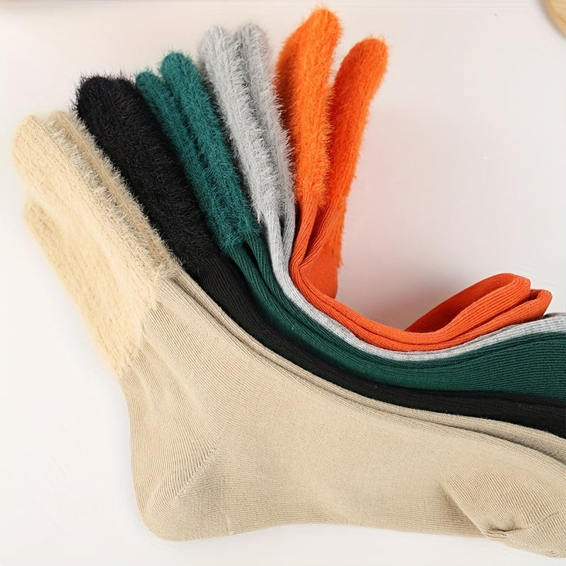 5 Pairs Fuzzy Solid Socks Warm Mid Tube Women's Stockings