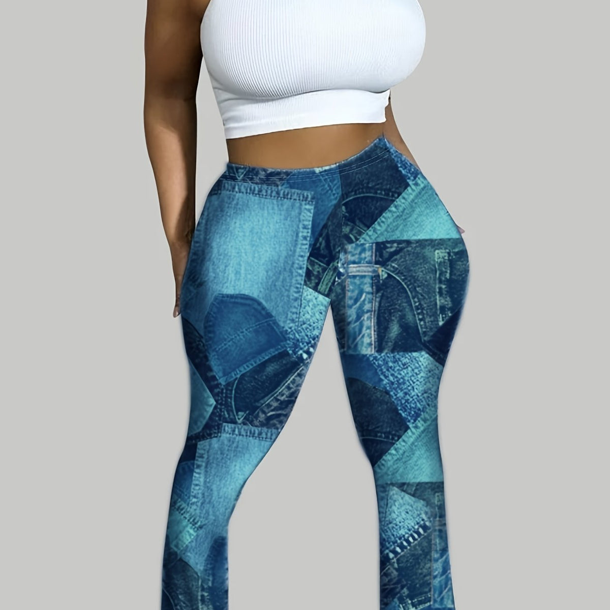  Denim Print High Rise Flared Leg Trousers