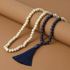 Men's Natural Stone & Wood Beads Tassel Necklace