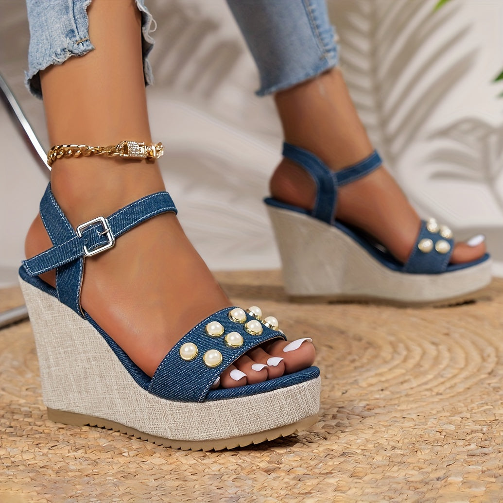Women's Faux Pearl Wedge Sandals Buckle Strap Platform Comfort Canvas Shoes