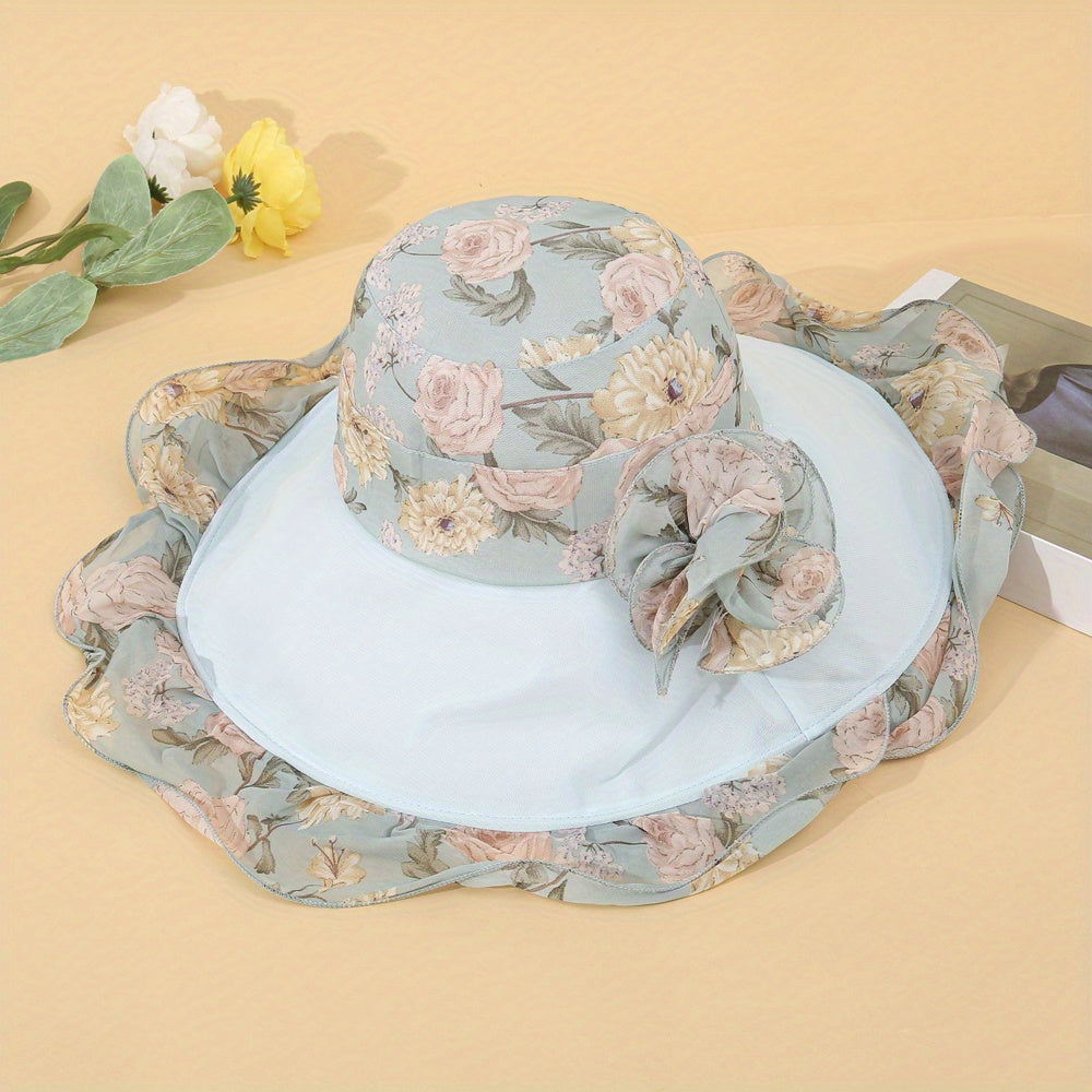 Chiffon Ruffles Floral Bucket Hat Wide Brim Sunscreen Fisherman Cap