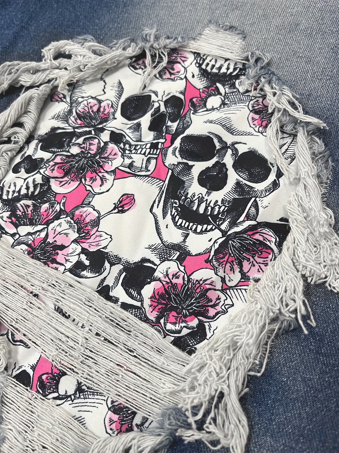  Colorblock Floral Skull Print Ripped High Rise Jeans