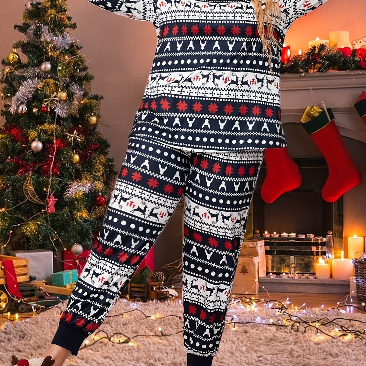  Christmas Elk & Snowflake Print Tee & Pajama Set