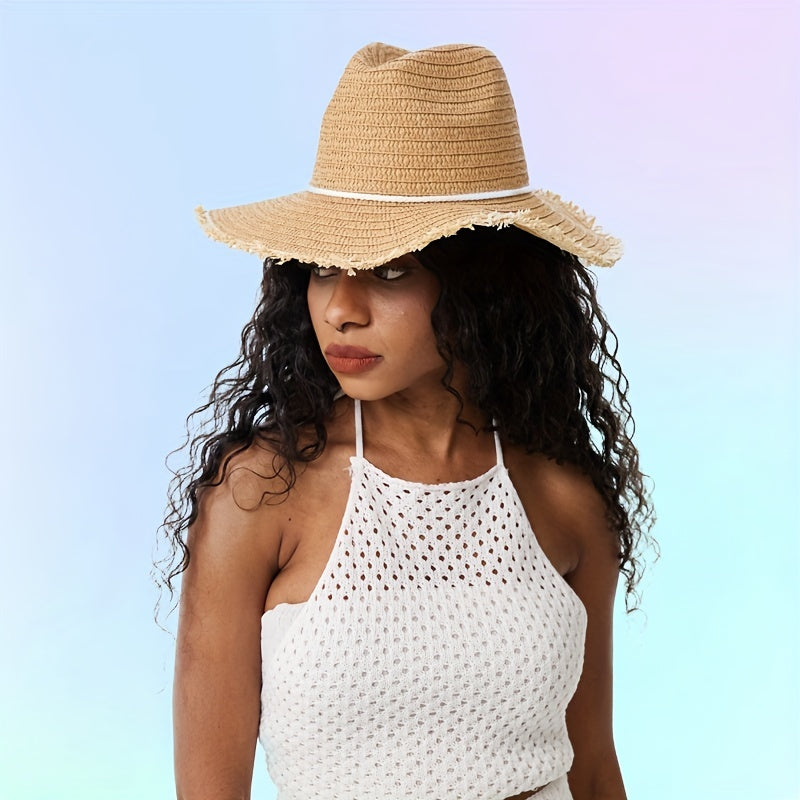 Khaki Raw Brim Sun Hat British Style Classic Straw Hat Rope Bowknot Jazz Fedora