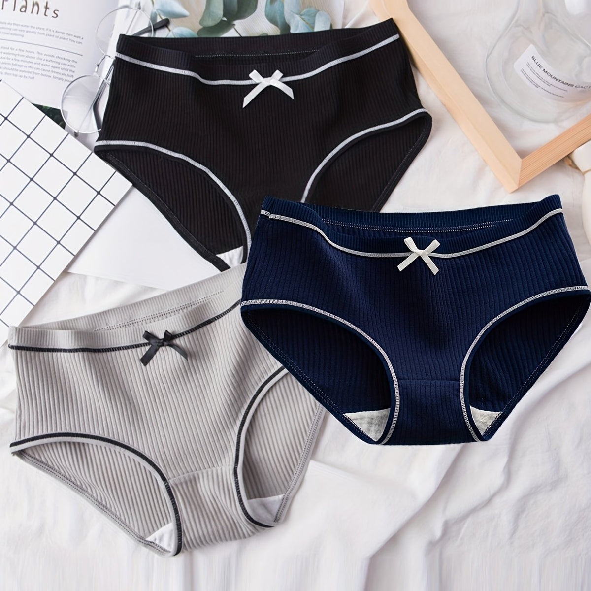 3pcs Ribbed Bow Tie Briefs Soft & Comfy Panties