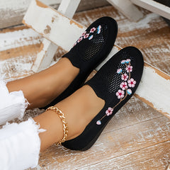 Women's Floral Embroidered Mesh Flat Shoes Lightweight Casual Footwear