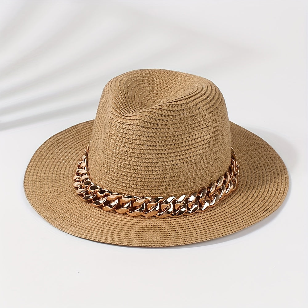 Golden Chain Decor Sun Hat Classic Coffee Jazz Fedora Cap