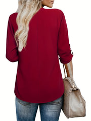  Casual Blouse Women's Solid Roll Up Long Sleeve V Neck Top