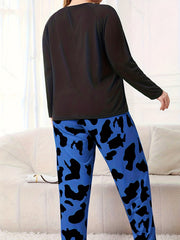  Eyelash & Cow Print Long Sleeve Round Neck T shirt & Pants Pajamas Set