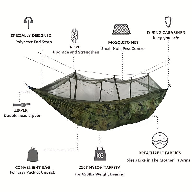 200kg Hammock w/ Carabiners, Straps, Carry Pocket - Camping, Travel, Beach