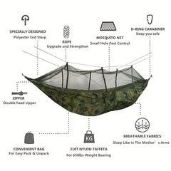 200kg Hammock w/ Carabiners, Straps, Carry Pocket - Camping, Travel, Beach