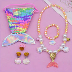 Girls Mermaid Tail Bag & Shell Pendant Bracelet Set