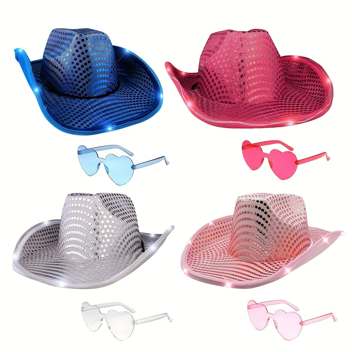 Y2K Cowboy Hat Sunglasses Set with LED Western Cowgirl Cap