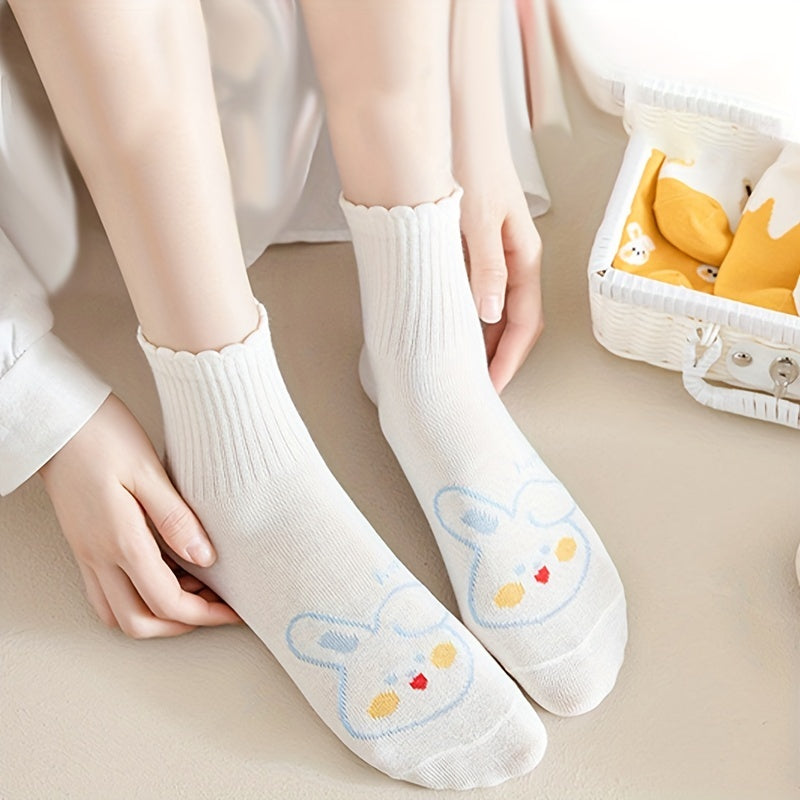 5 Pairs Bunny Print Socks Cute & Comfortable Women's Mid Tube Stockings