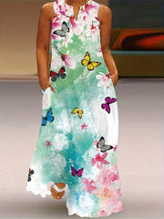 Feather Print Maxi Tank Dress With Pockets