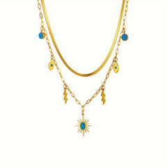 Stainless Steel Double Layered Necklace With Sunshine Lightning Pendant