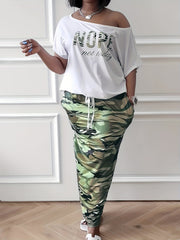  Casual 2 Piece Set Women's Plus Letter Print Top & Drawstring Skirt