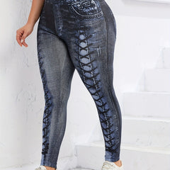  Denim Print Stretch Leggings High Waist Women's Casual Leggings