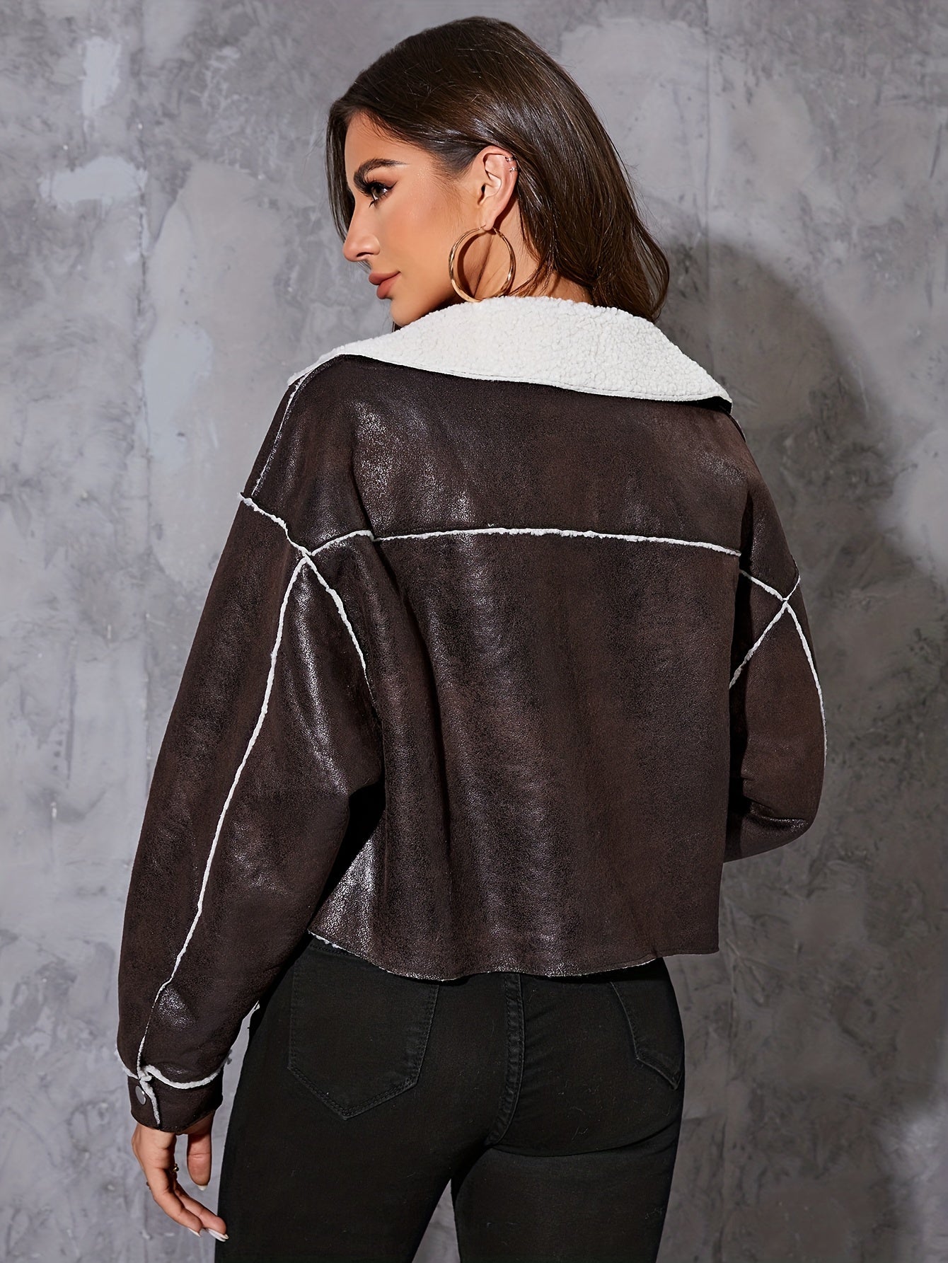 Faux Leather Aviator Jacket Long Sleeve Women's Clothing