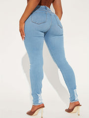  High Rise Skinny Jeans Ripped Raw Trim Button Fly with Pockets