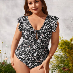  Ditsy Floral Print Ruffle Trim One Piece Swimsuit