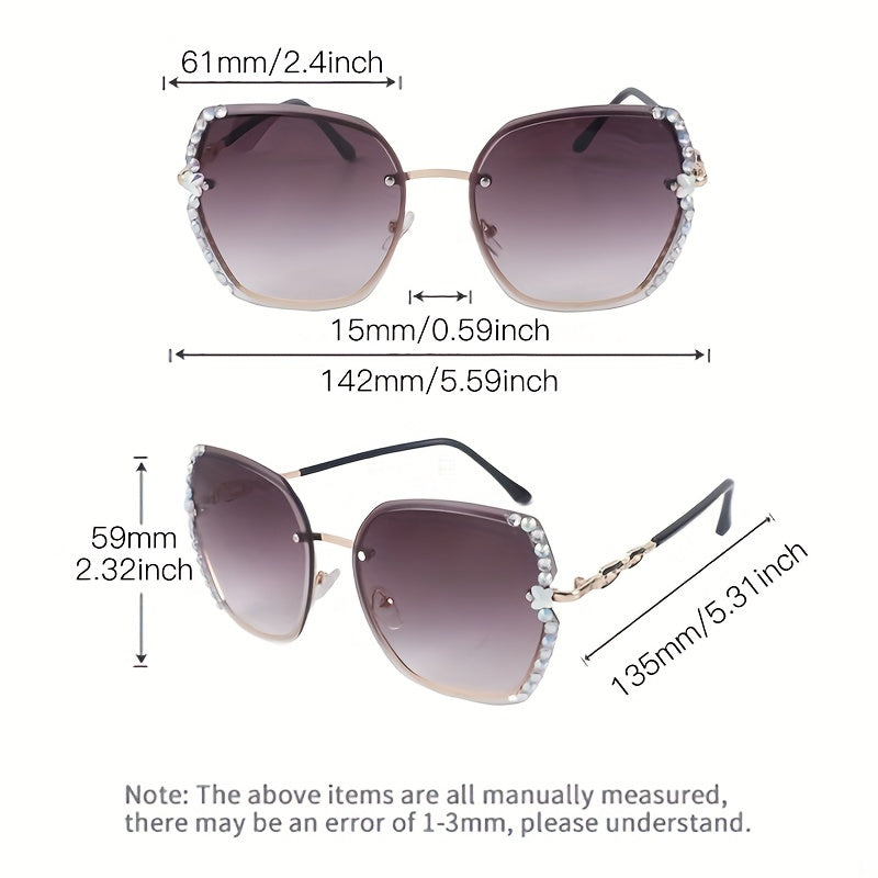 Oversized Rhinestone Sunglasses Gradient Lens Chain Temple UV400
