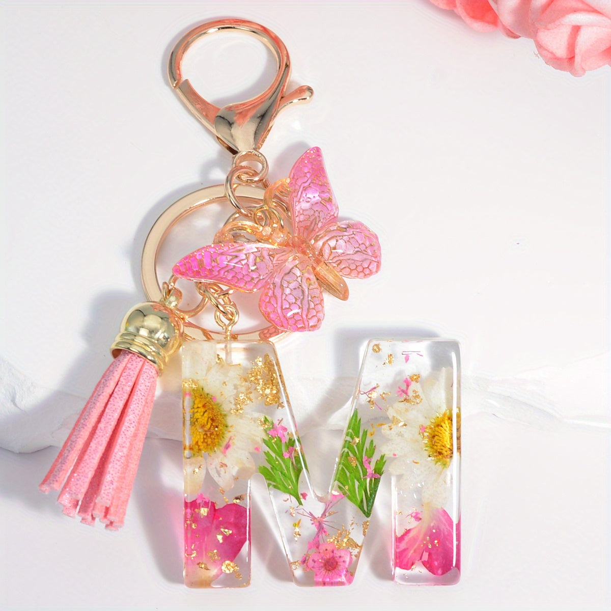 Initial Letter Keychain Dried Flower Butterfly Charm Gift