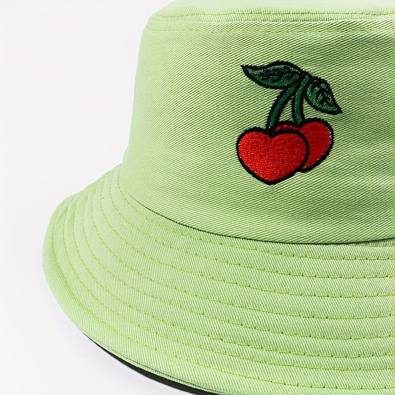 Cherry Embroidery Bucket Hat Casual Sunscreen Fisherman Cap