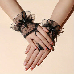 Short Lace Bow Half Finger Gloves Bridal Wedding Accessories