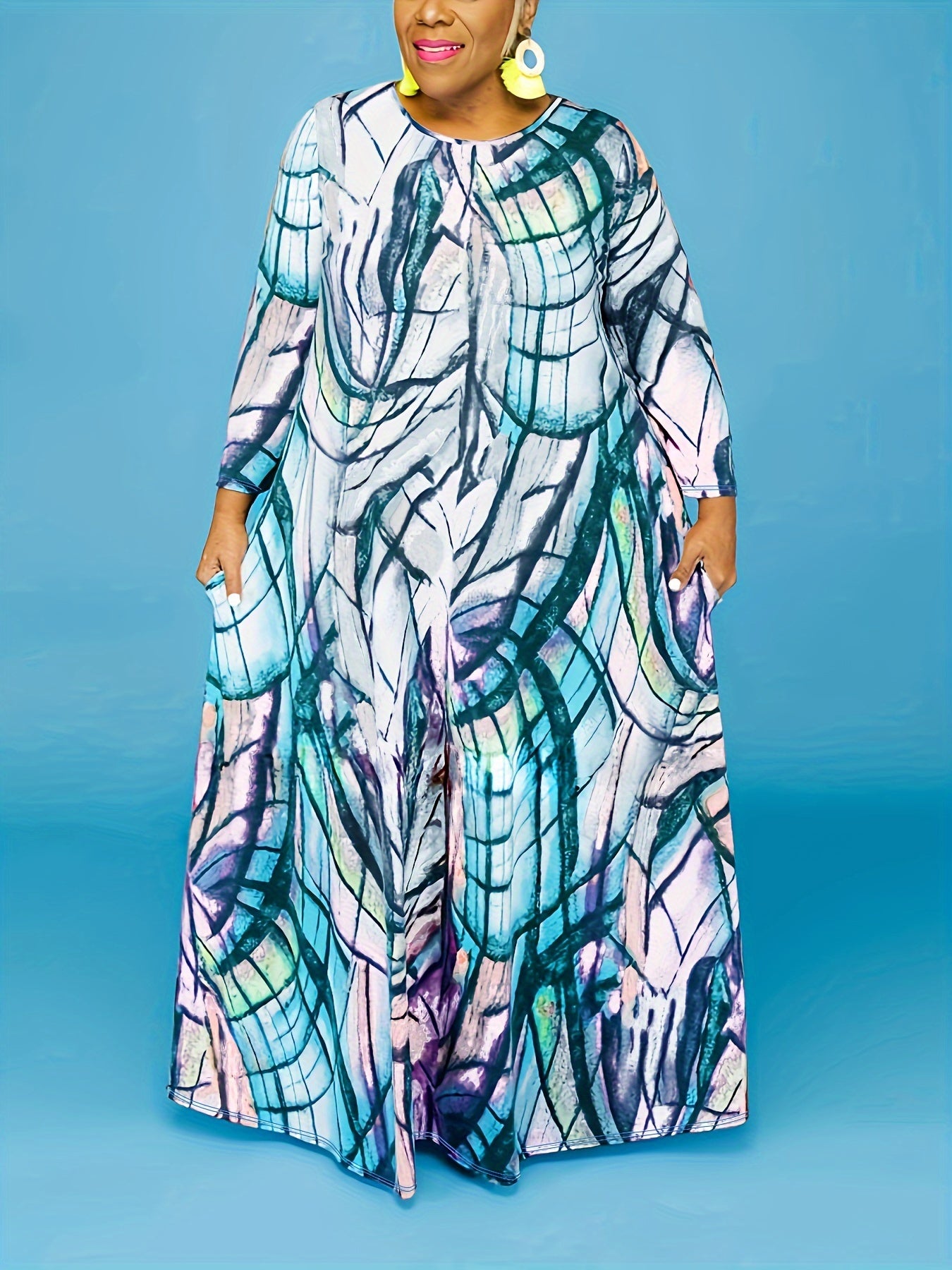  Allover Print Long Sleeve Maxi Dress With Pockets