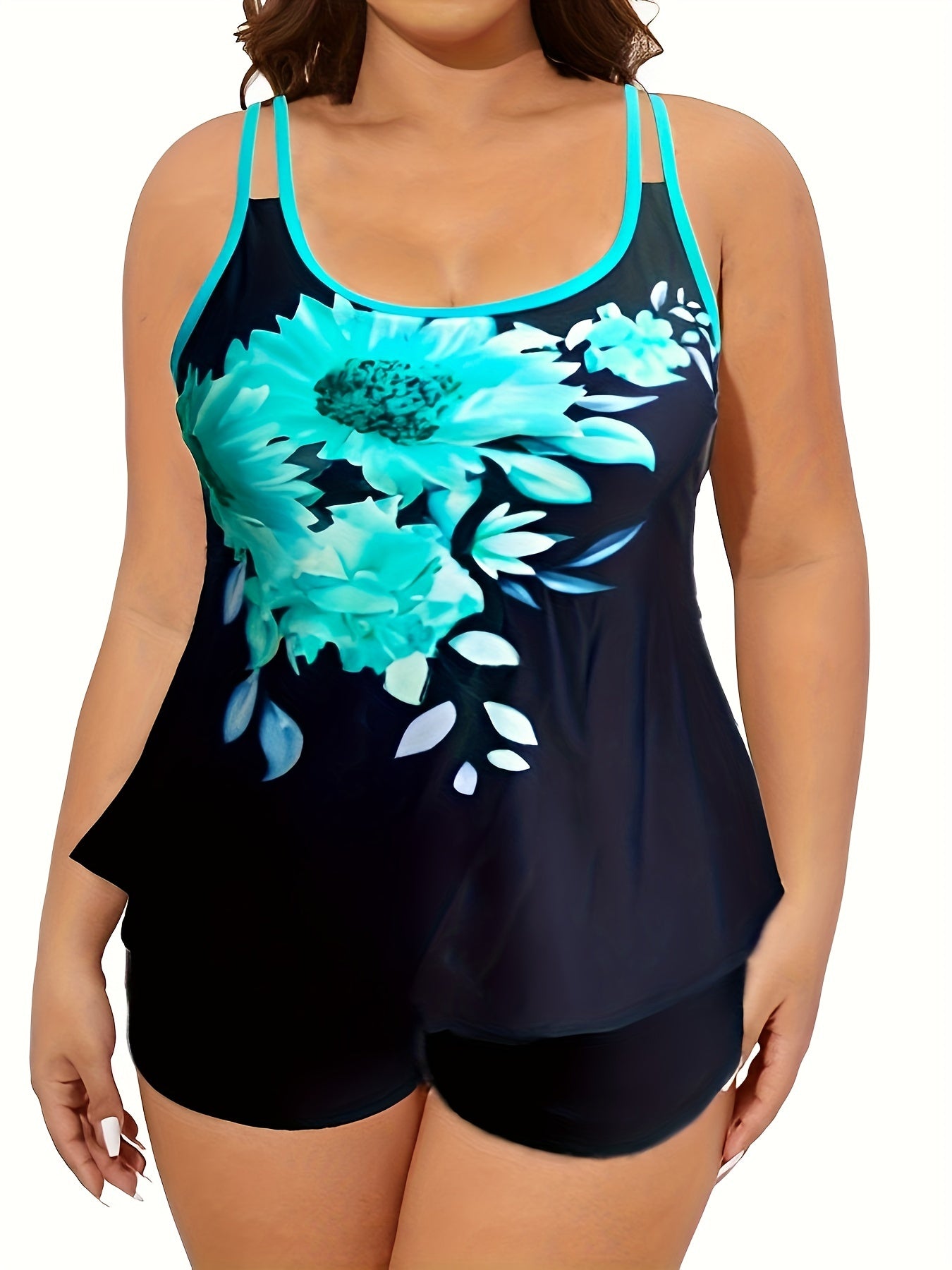  Floral Tankini Set Medium Stretch Split Strap Tank Top & Shorts