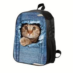 Creative Dog Cat Denim Printed Backpack for Kids Boys Girls