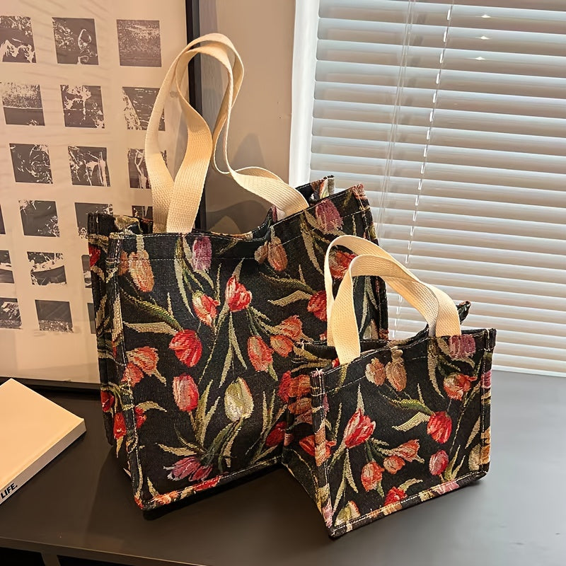 Flower Graphic Tote Bag Canvas Shoulder Bag Large Capacity Handbag