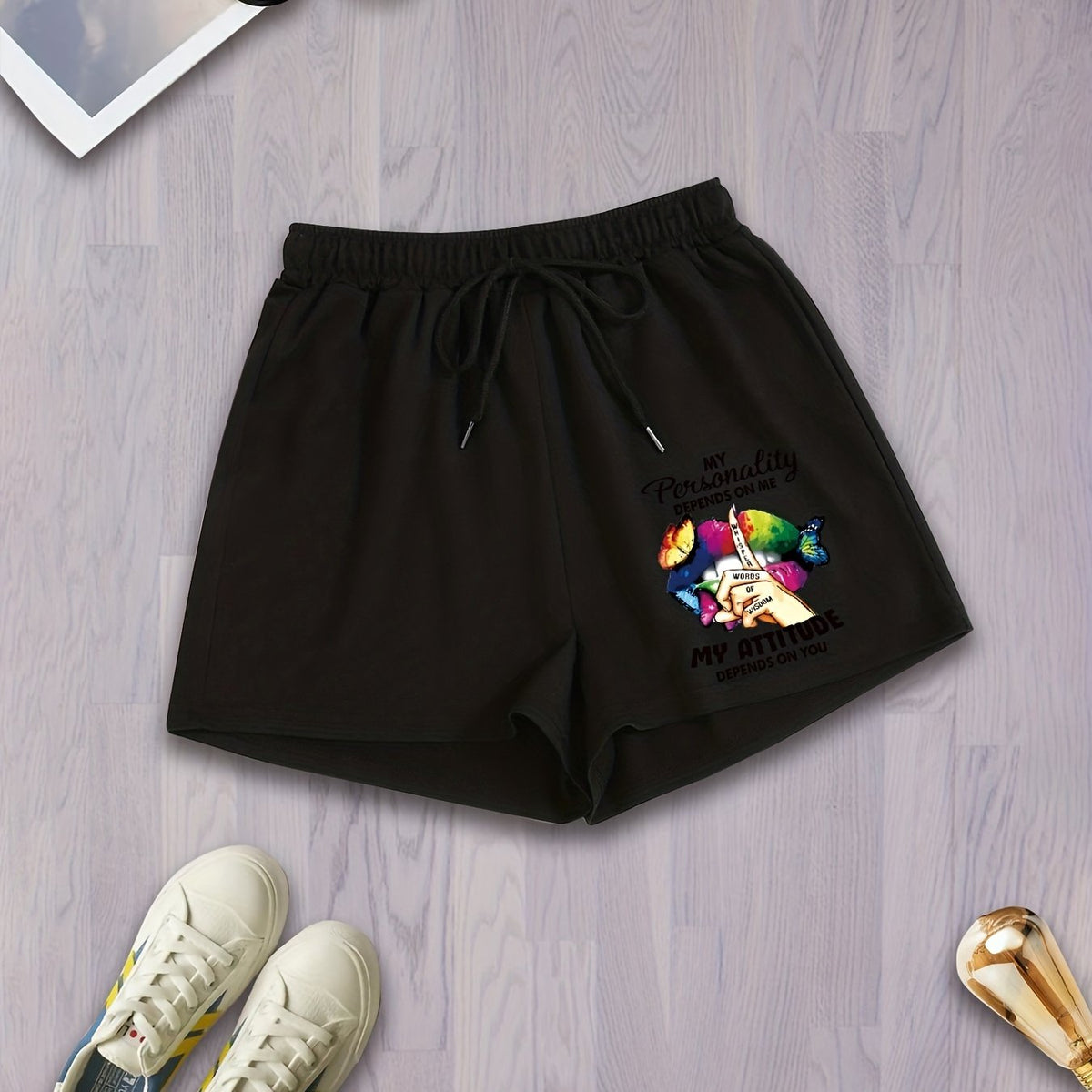  Gradient Lips Print Drawstring Comfort Shorts
