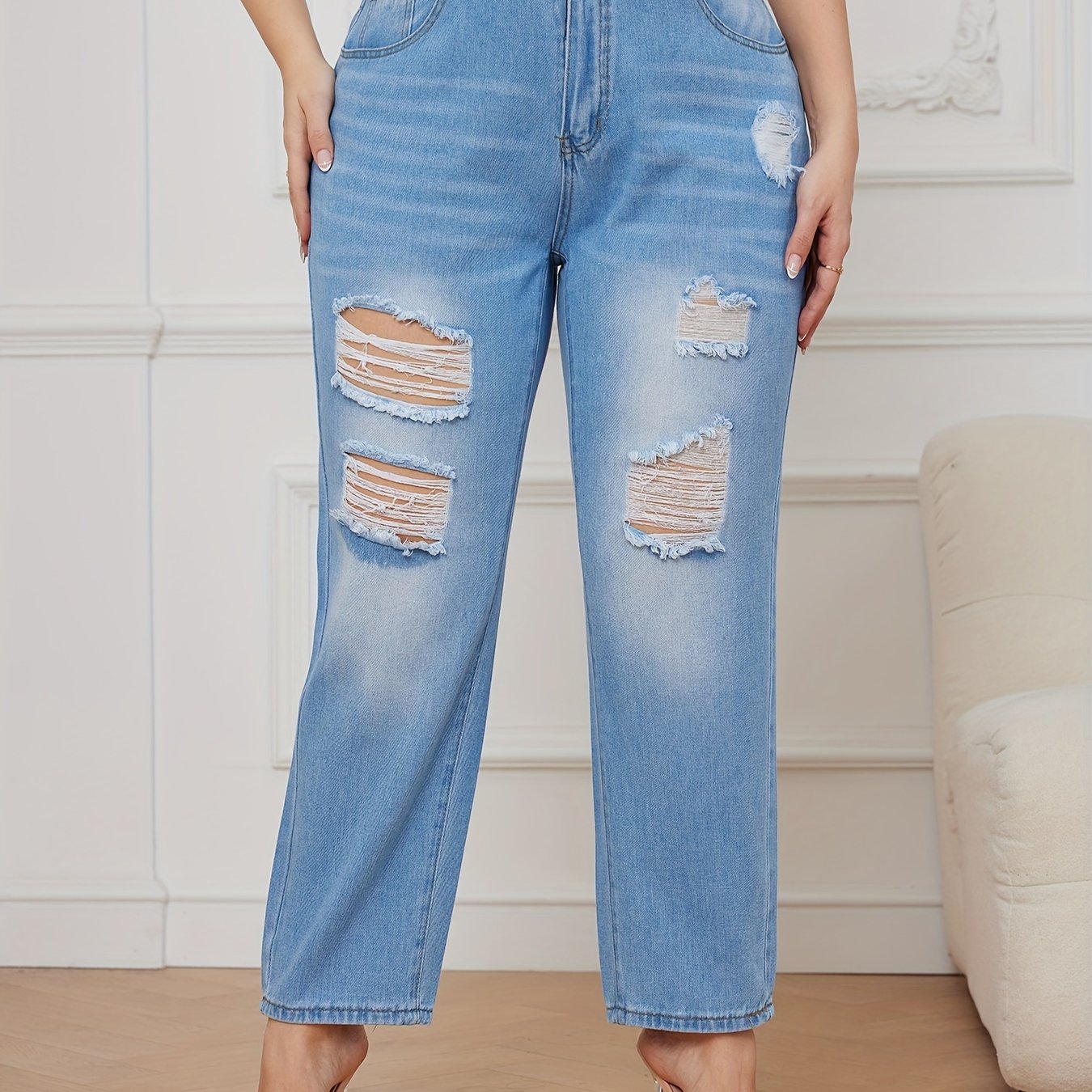  Ripped Button Fly High Waisted Washed Jeans
