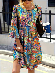  Boho Paisley Print Three Quarter Sleeve Loose Fit Dress