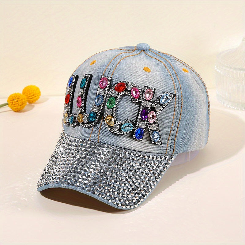 Distressed Denim Dad Hat with Rhinestone LUCK Patch
