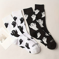2 Pairs Cartoon Ghost Print Socks Cute Halloween Mid Tube Women's Stockings