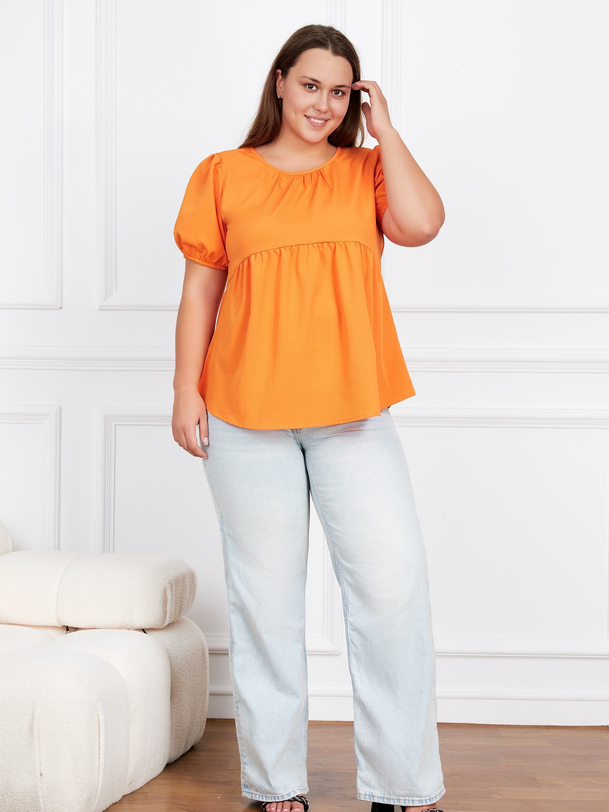  Casual Blouse Women's Plain Ruched Short Sleeve Round Neck