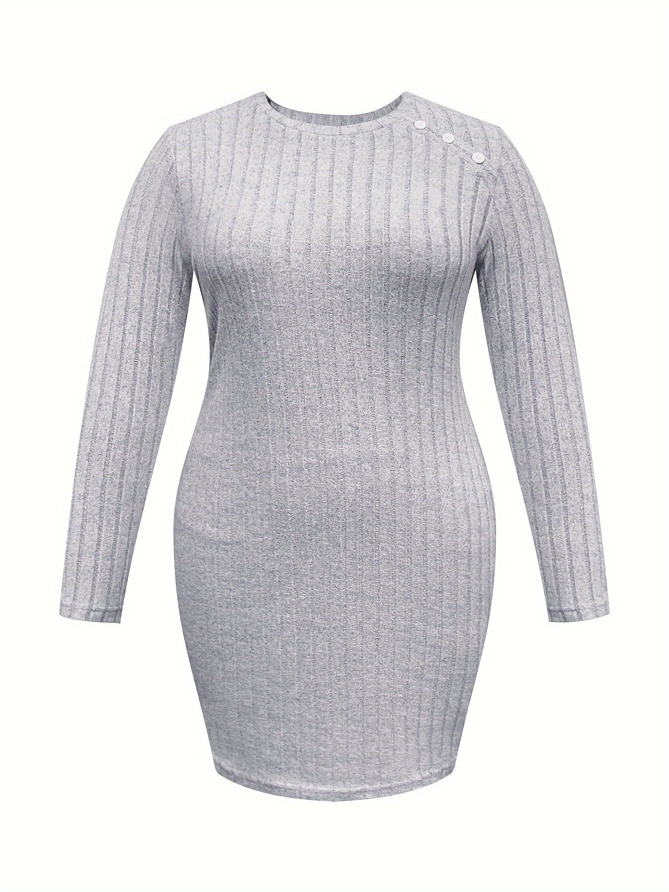  Solid Button Decor Crew Neck Sweater Dress Long Sleeve Ribbed Knit