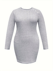  Solid Button Decor Crew Neck Sweater Dress Long Sleeve Ribbed Knit