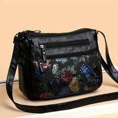 Vintage Flower Embossed Hobo Shoulder Bag Solid Crossbody Bag