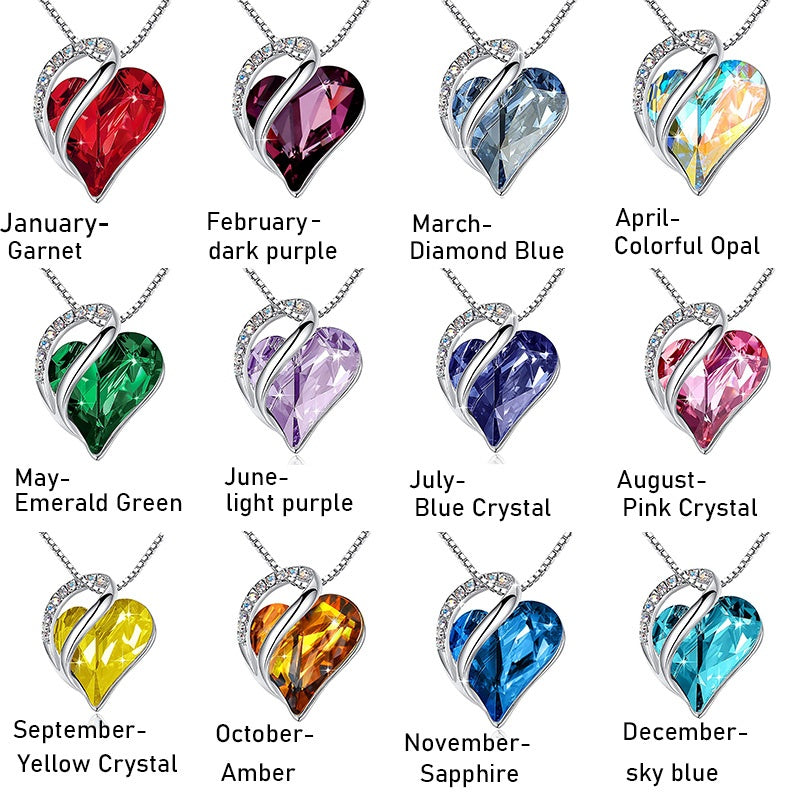 12 Months Birthstone Love Heart Pendant Necklace Jewelry Gift For Women