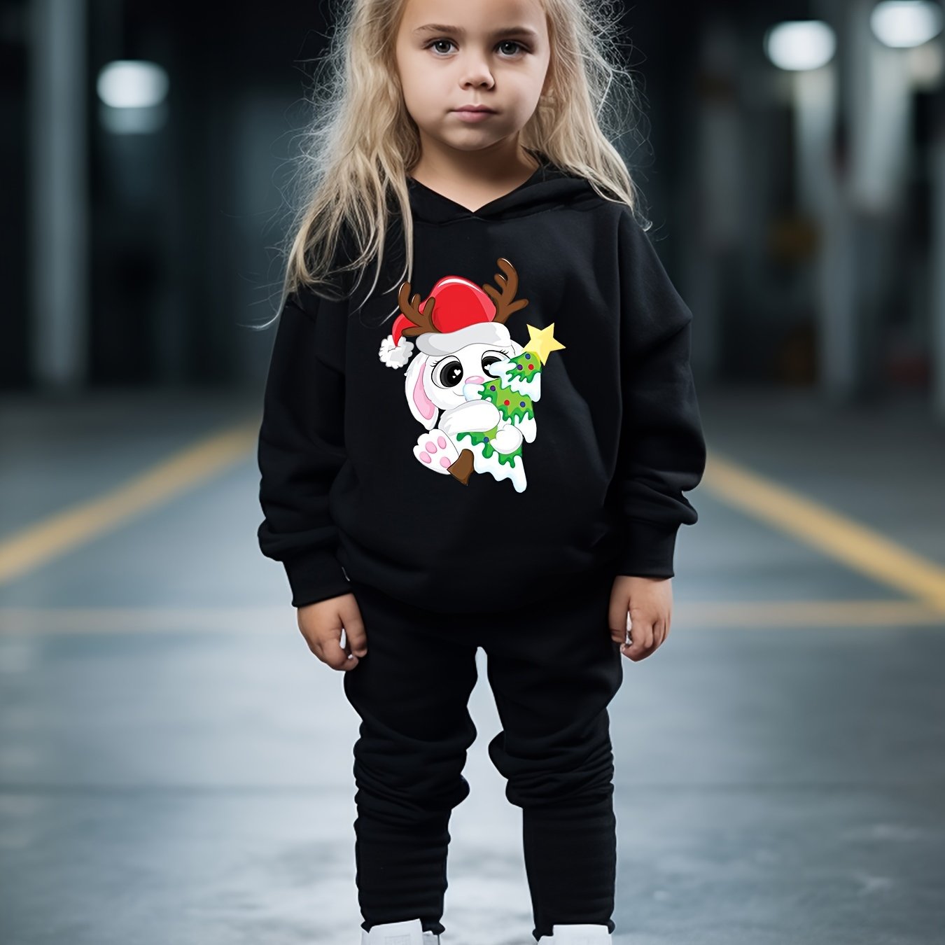 Christmas Bunny Print Hoodies Pants Set For Kids Activewear Set